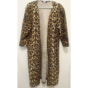 Ashley Blue Leopard Print Longline Duster Cardigan 1X Made in USA Open Front